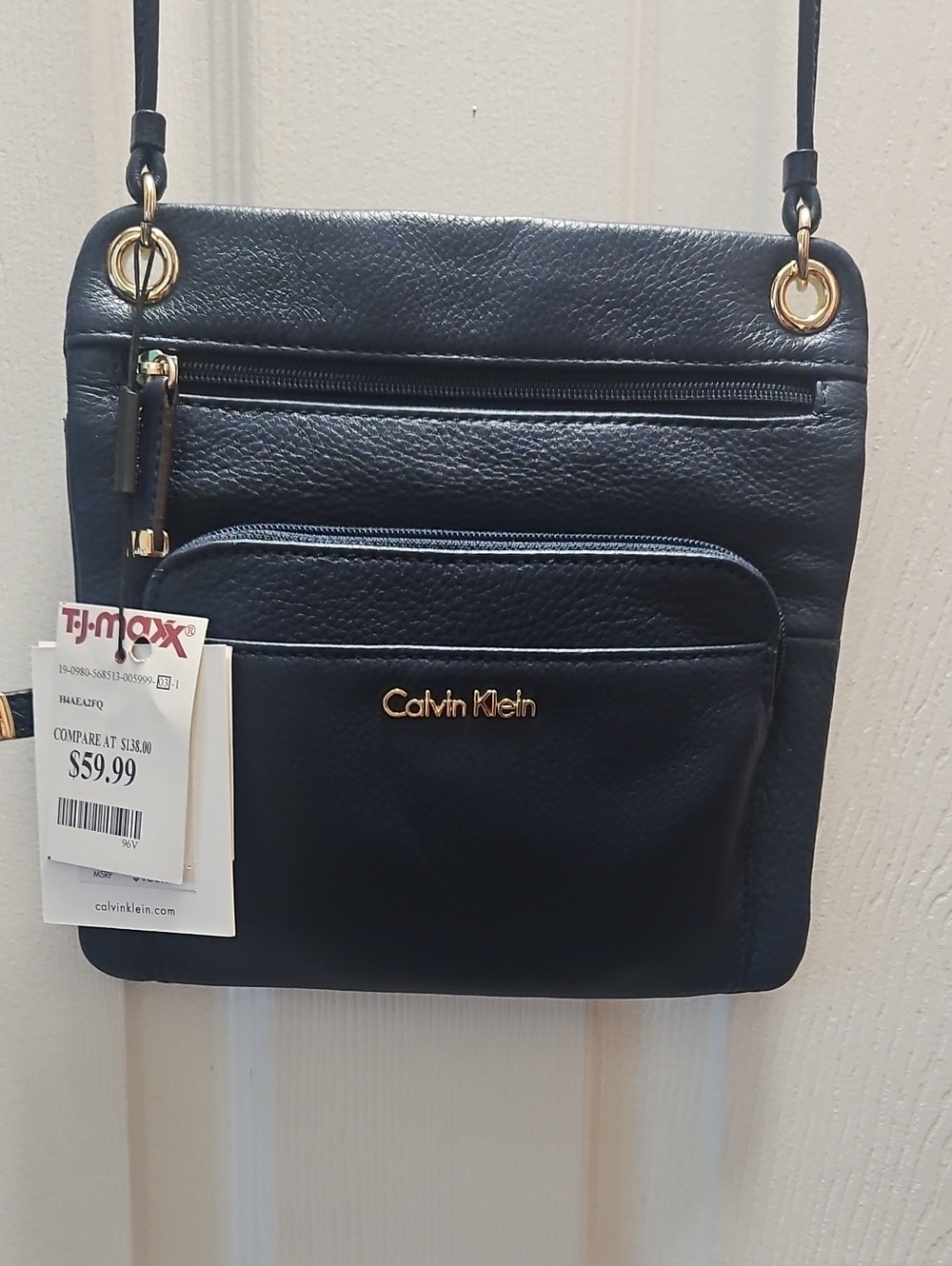 Calvin Klein Navy Pebbled Leather Crossbody with Gold Accents